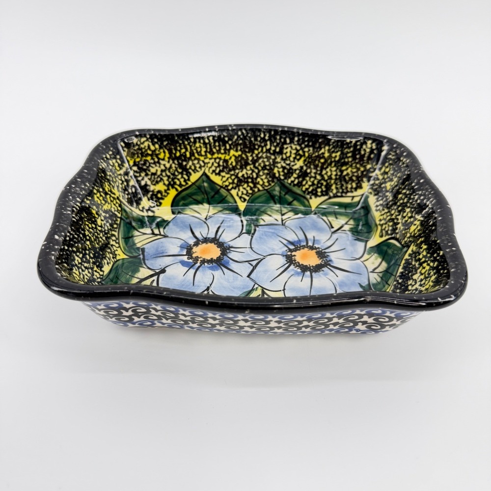 Cer-Raf Boleslawiec Polish Pottery Unikat Baker Blue Floral Artist Sign A. Sojka